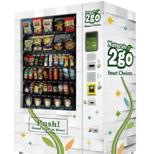Fully stocked vending machine with snacks, beverages and fresh food